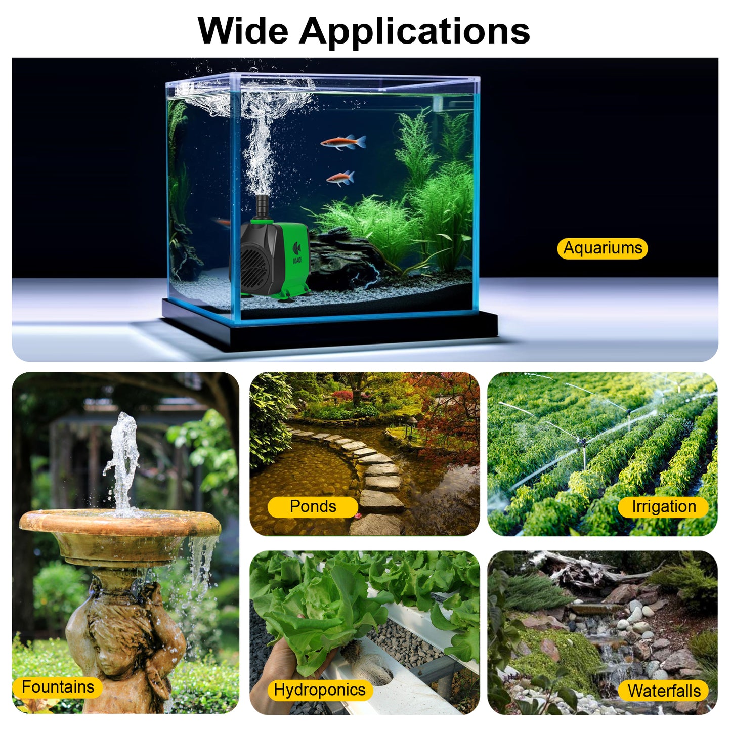 DC Water Pump 800 GPH for Aquarium, Fish Tank, Fountain, Pond, Statuary & Hydroponics - High Efficiency Submersible Return Pump