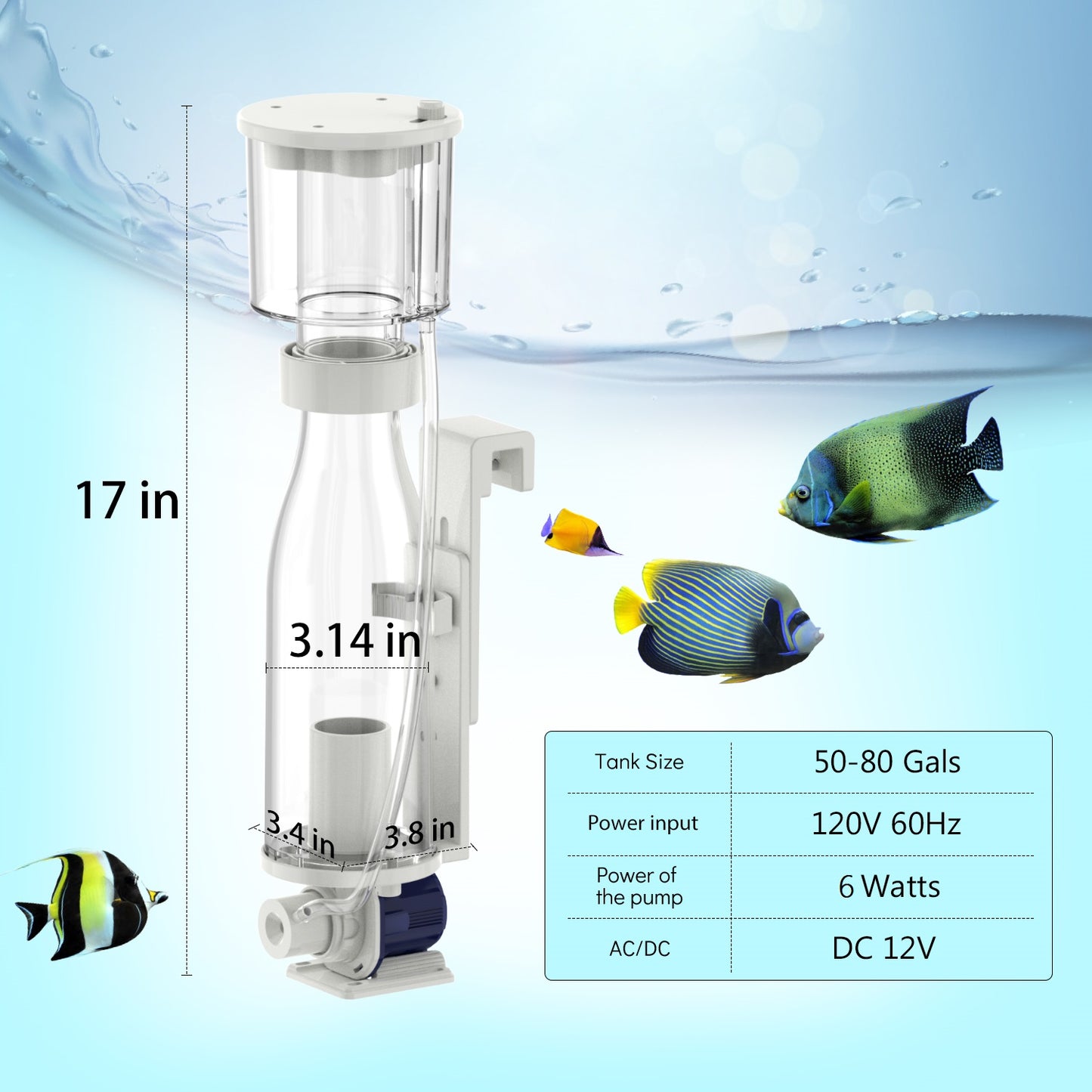 Protein Skimmers for Saltwater Aquariums, Hang On Protein Skimmer for Fish Tanks up to 80 Gallons, DC Pinwheel Pump with Controller, Not for Rimmed Tank