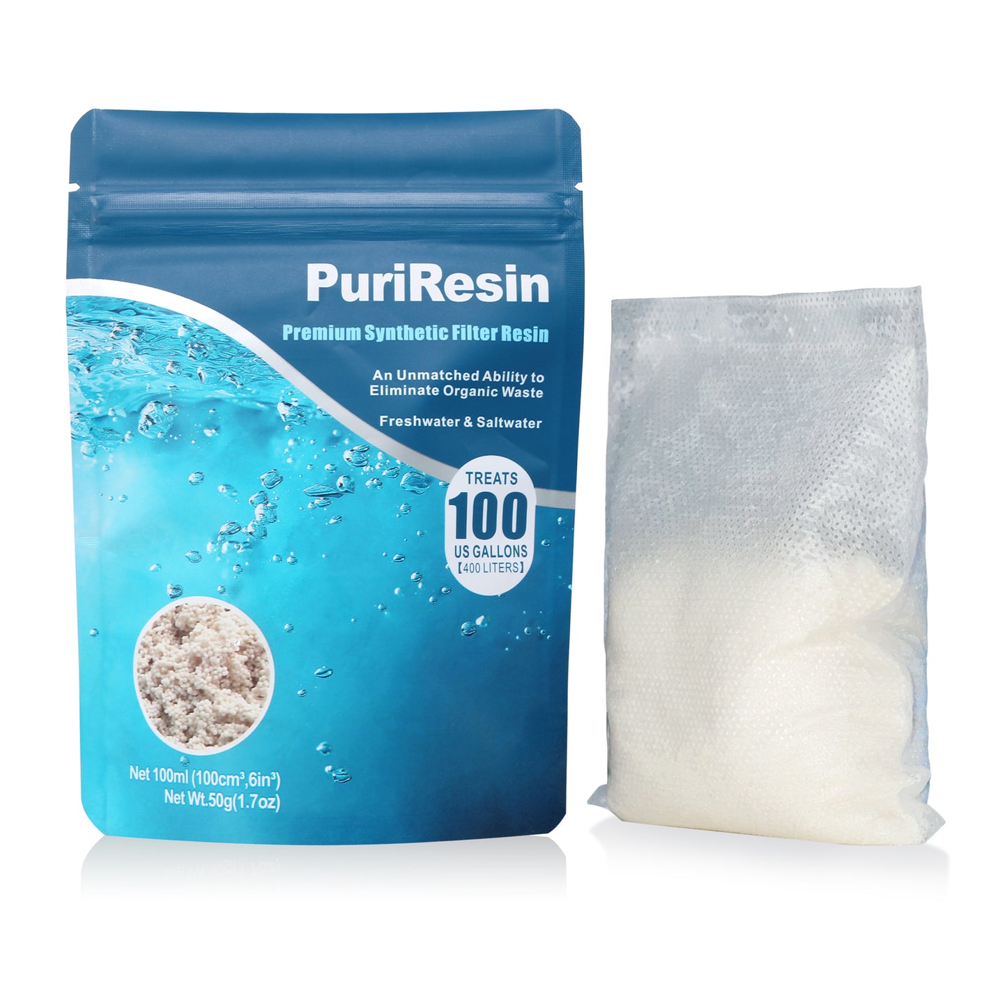 PuriResin Aquarium Filter Media, Organic Filtration Resin, for Freshwater and Saltwater Fish Tank, Removes Driftwood Tannins, 100 ml, 5 Packs