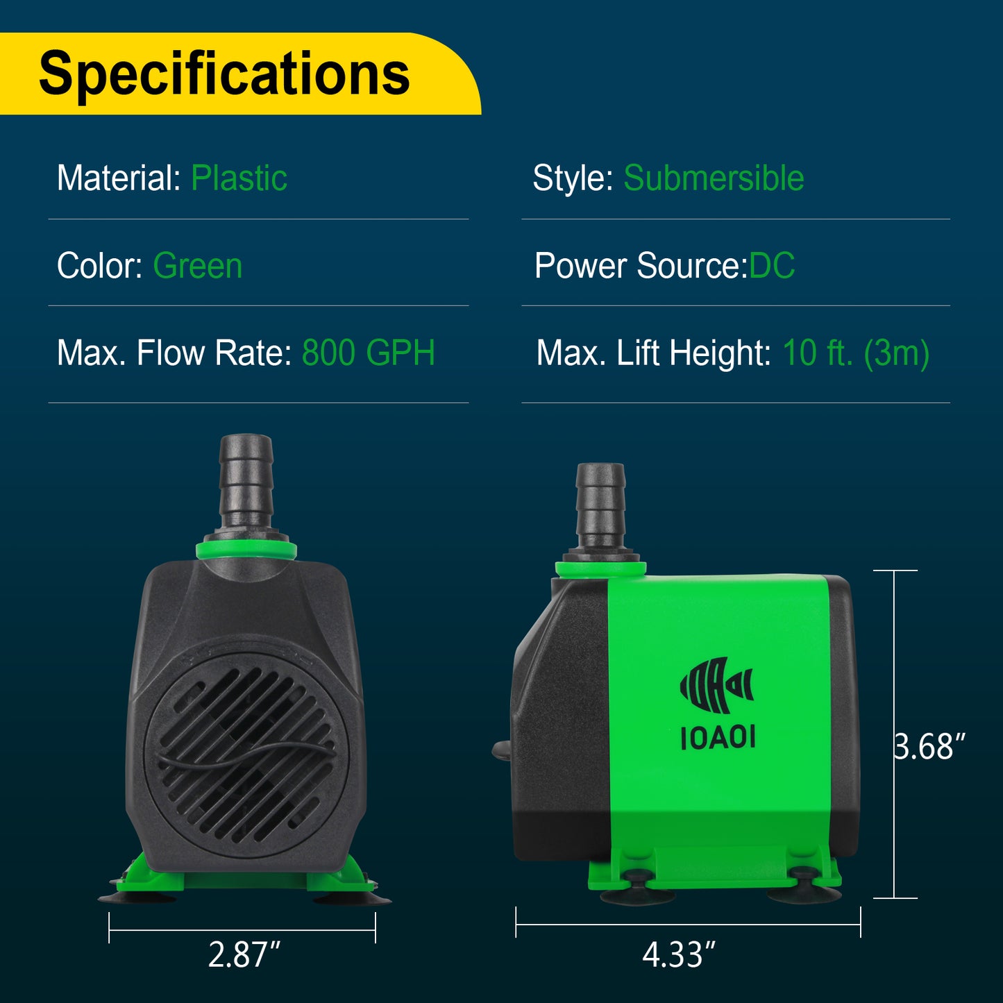 DC Water Pump 800 GPH for Aquarium, Fish Tank, Fountain, Pond, Statuary & Hydroponics - High Efficiency Submersible Return Pump