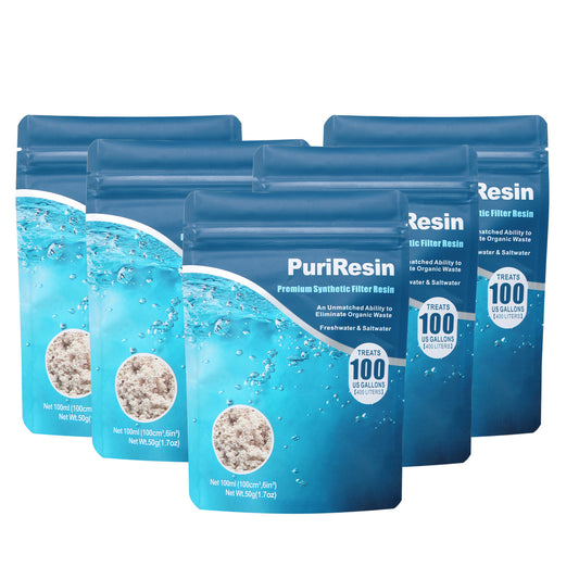 PuriResin Aquarium Filter Media, Organic Filtration Resin, for Freshwater and Saltwater Fish Tank, Removes Driftwood Tannins, 100 ml, 5 Packs